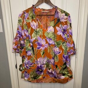 Alice + Olivia Womens Medium Blouse Orange Floral Silk Blend Ruffle Bell Sleeve